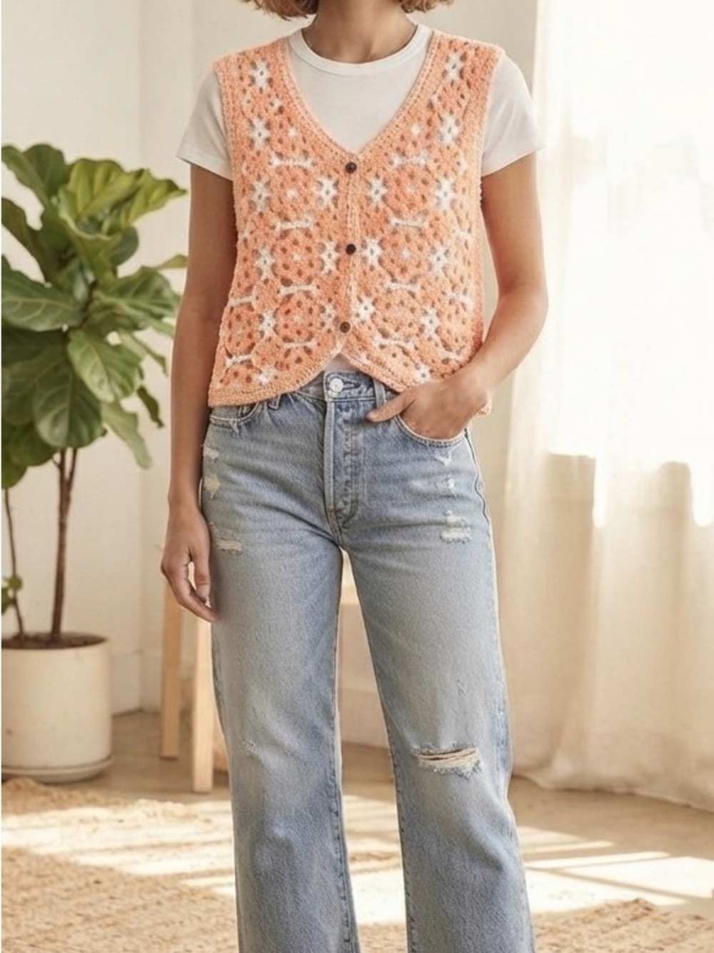 POL Peach Crochet Floral Button Vest with Cream Accents NWOT